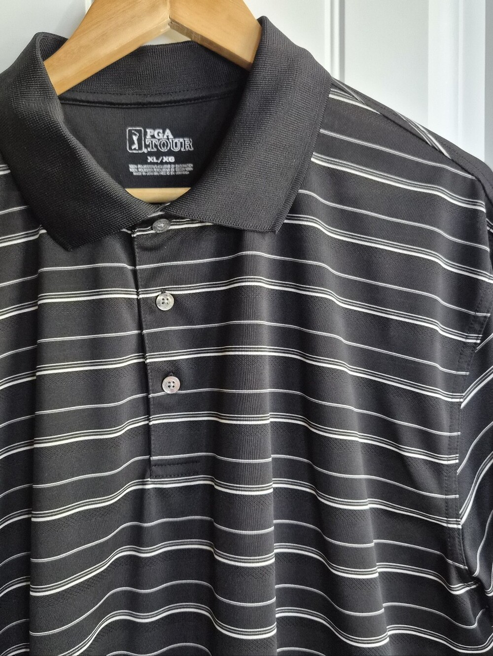 PGA TOUR Men's XL Black/White Striped Golf Polo Casual Travel Activewear Vacatio